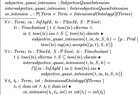 \begin{axdef}subjective\_quasi\_intension : SubjectiveQuasiIntension
\\
intersu...
...om iot @ \\
\t2 co\_intensive(t_1,t_2,iot) \iff iot(t_1) = iot(t_2)
\end{axdef}