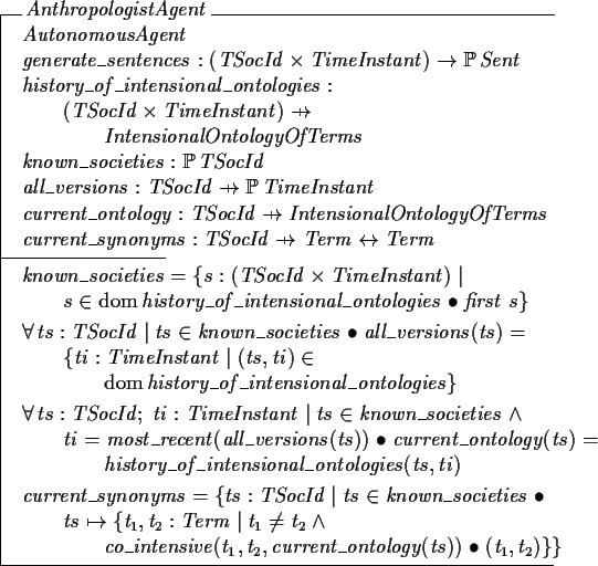 \begin{schema}{AnthropologistAgent}
AutonomousAgent
\\
generate\_sentences : (T...
...\t2 co\_intensive(t_1,t_2,current\_ontology(ts)) @ (t_1,t_2) \} \}
\end{schema}