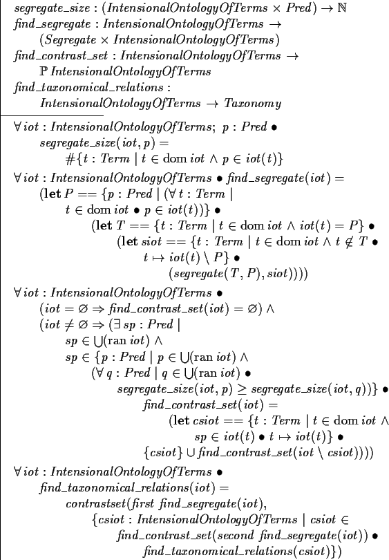 \begin{axdef}segregate\_size : (IntensionalOntologyOfTerms \cross Pred ) \fun \...
..._segregate(iot) ) @ \\
\t5 find\_taxonomical\_relations(csiot) \} )
\end{axdef}