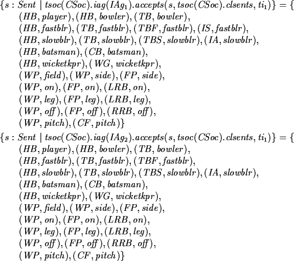 \begin{zed}\{ s : Sent \vert tsoc(CSoc).iag(IAg_1).accepts(s,tsoc(CSoc).clsents,...
...
\t1 (WP,off), (FP,off), (RRB,off), \\
\t1 (WP,pitch), (CF,pitch) \}
\end{zed}