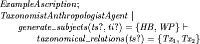 \begin{zed}ExampleAscription ; \\
TaxonomistAnthropologistAgent \vert \\
\t1 g...
...B, WP \} \vdash \\
\t2 taxonomical\_relations(ts?) = \{ Tx_1, Tx_2 \}
\end{zed}