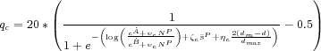  ( ) qc = 20* |(----(--(-˙----1)------------)-- 0.5|) - log ccA˙B++υυcNcNPP- +ζcsP+ηc2(ddmm-axd) 1 +e