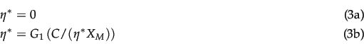 \begin{subequations}\begin{gather}\eta^* = 0 \\ \eta^* = G_1 \left( C/(\eta^* X_M )\right)\end{gather}\end{subequations}