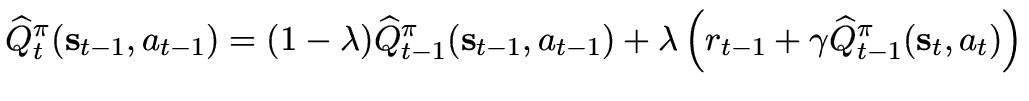 $\displaystyle \widehat{Q}_t^\pi(\vec{s}_{t-1},a_{t-1}) = (1-\lambda) \widehat{Q...
...\lambda \left(r_{t-1} + \gamma \widehat{Q}_{t-1}^\pi(\vec{s}_{t},a_{t}) \right)$