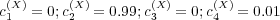 c(X1) = 0;c(X2) = 0.99;c(X3) = 0;c(X4) = 0.01  